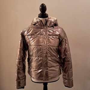 Aerie Shimmering Silver Hooded Puffer Jacket